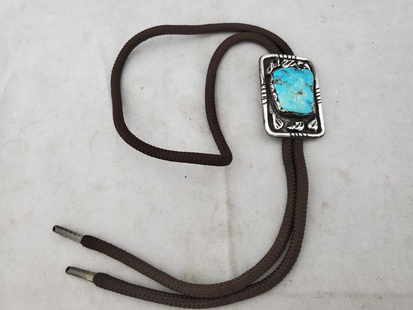 Silver Bolo Tie Rectangle with Large Turquoise & … - image 2