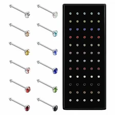 60 pcs CZ Nose Studs 22G Stainless Steel Rings Bone Pin Body Piercing Jewelry
