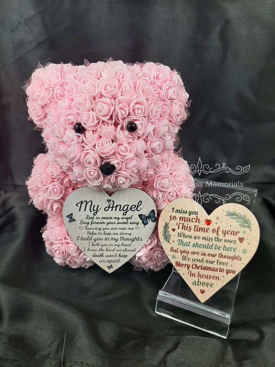 Handmade Christmas Rose Flower Bear Plaque Memorial Verse