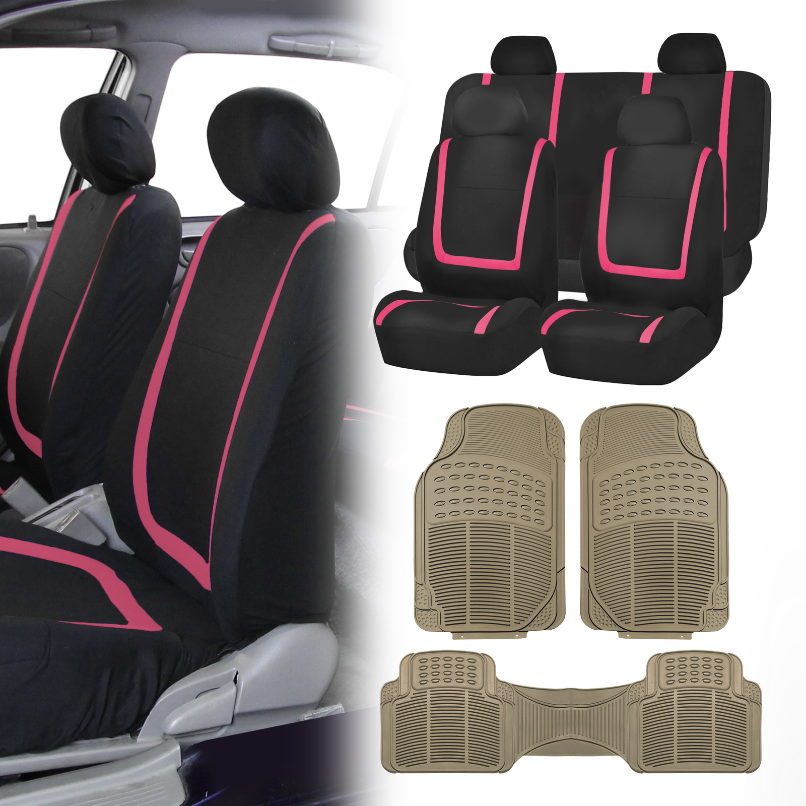 Black Pink Car Seat Covers with Beige Rubber Floor Mats for Auto Car SUV
