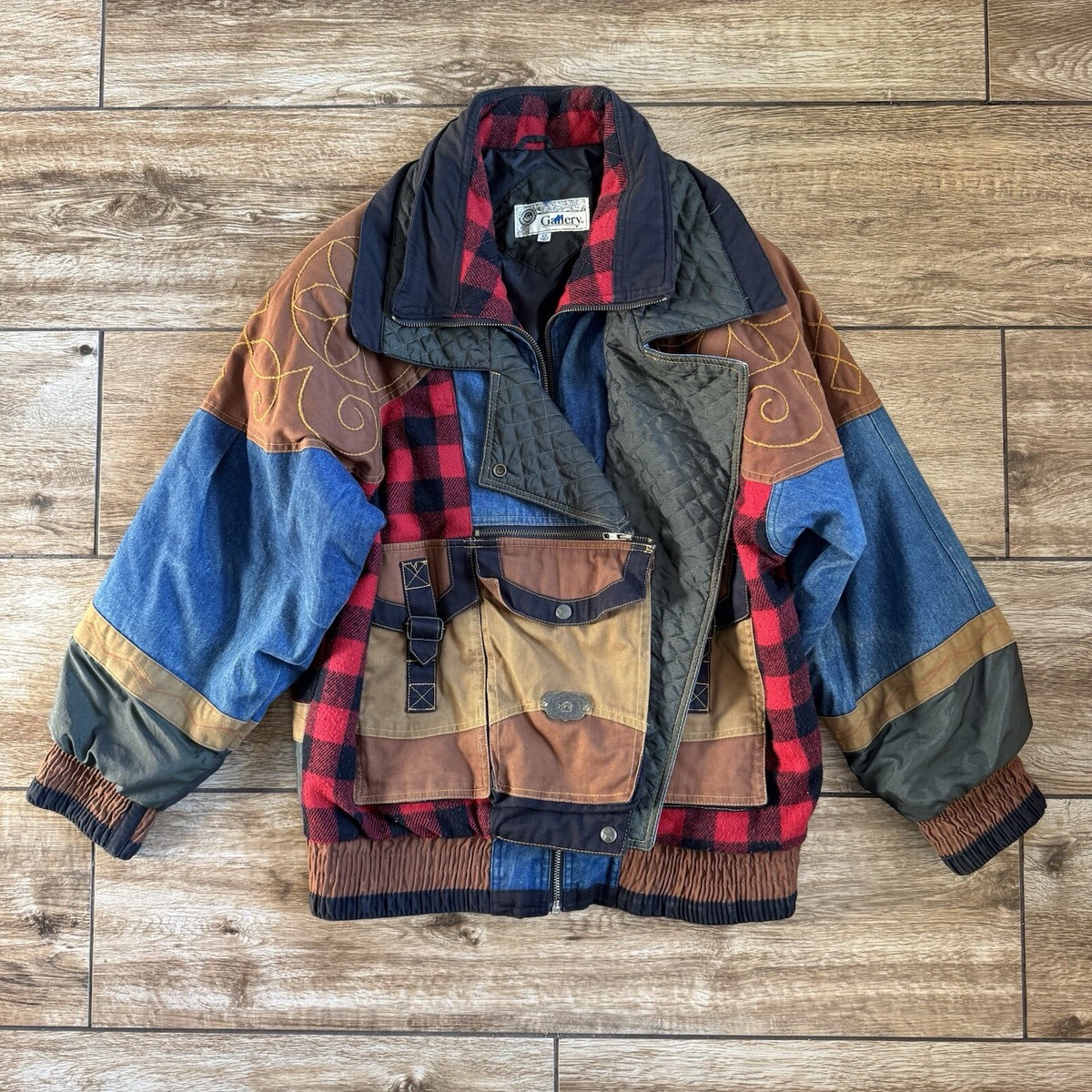 Gallery Patchwork Jacket XS Plaid Denim Pockets Cowboy Western 