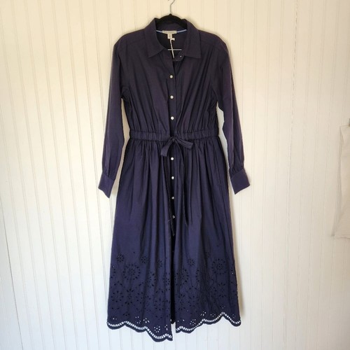NEW FREE ASSEMBLY Navy Blue 100% Cotton Eyelet Button Maxi Shirt Dress Small