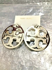 NEW TORY BURCH BIG ROUNDNESS LOGO Bright silver Earrings
