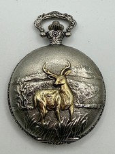 Vintage Deer Pocket Watch Hunting Wildlife Gold Silver Tone w/ Chain - Working