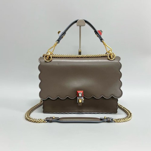 Fendi Kan I Scalloped Brown Leather Shoulder Crossbody Bag Gold Hardware AUTH
