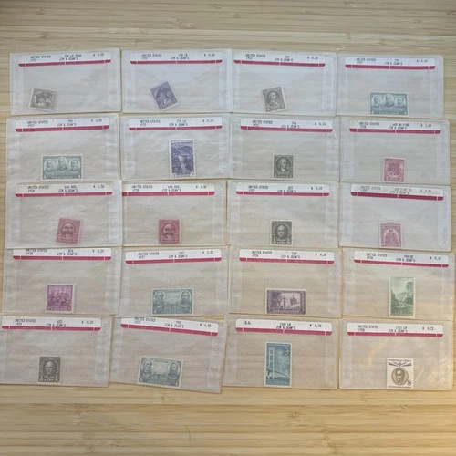 US Stamp Lot 20 Mint Singles MNH MH 1910s-1950s Collection Vintage Glassines