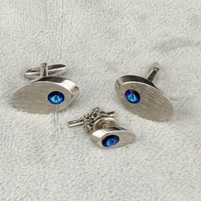 Vintage Cuff Links Blue Rhinestone Silver Ton...