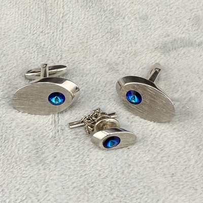 Vintage Cuff Links Blue Rhinestone Silver Tone