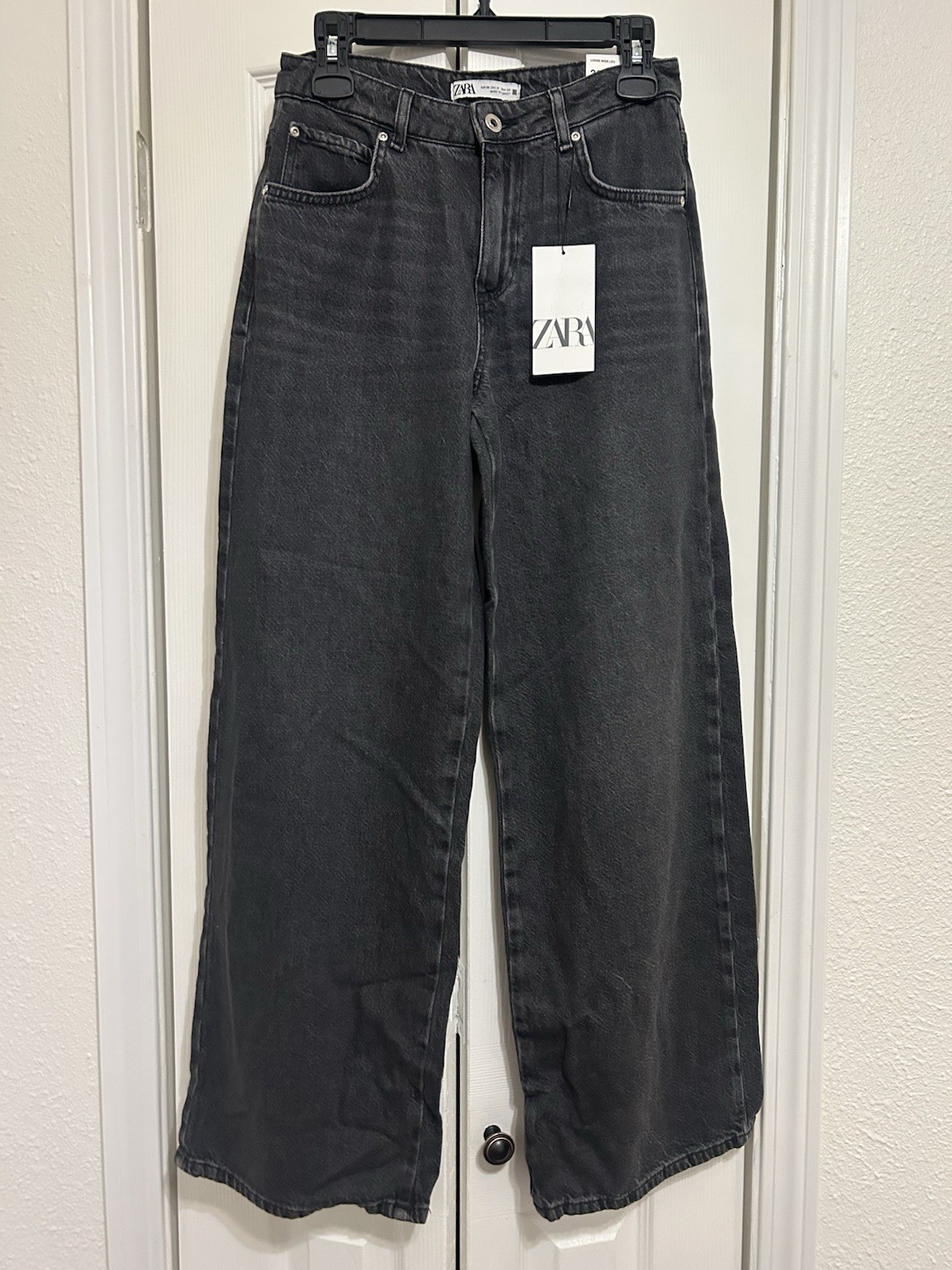 Zara Loose Wide Leg Black Denim Jeans Women's Regular Size 4 Wide-Leg Style