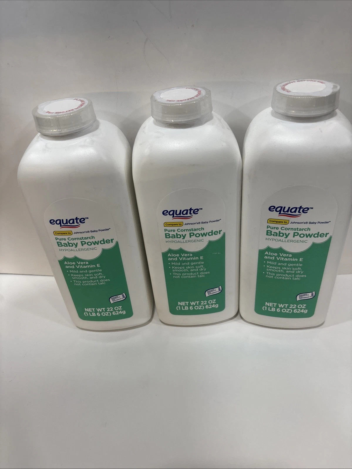 Equate Baby Powder Aloe Vera Vitamin E Hypoallergenic Pure Cornstarch 22oz 3PK