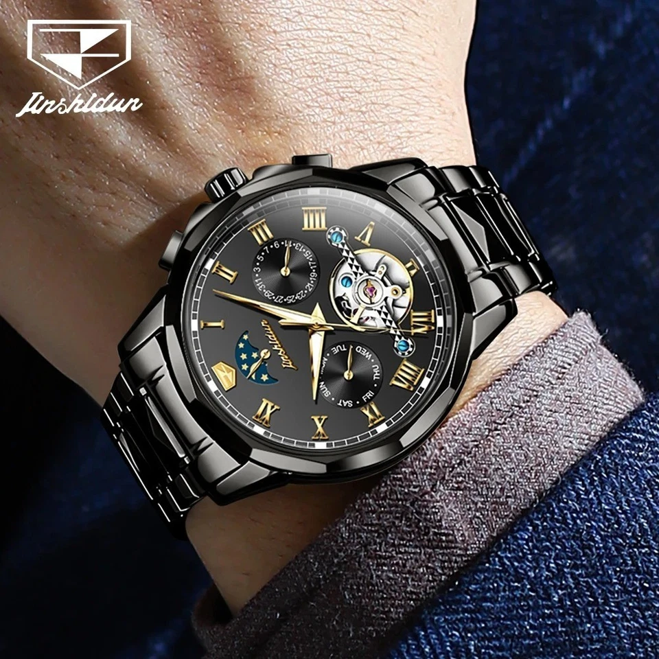Reloj Mecánico Automático Impermeable Fase Lunar Lujo Hombre Hombre Dial Correa Foto 4 de 4