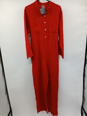 Vera Tucci Red Linen Jumpsuit Button Front Long Sleeve Size