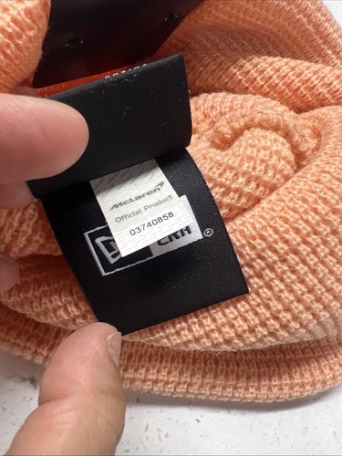 New Era McLaren F1 Official Woven Patch Short Cuff Beanie Hat Peach NWT - Picture 6 of 6