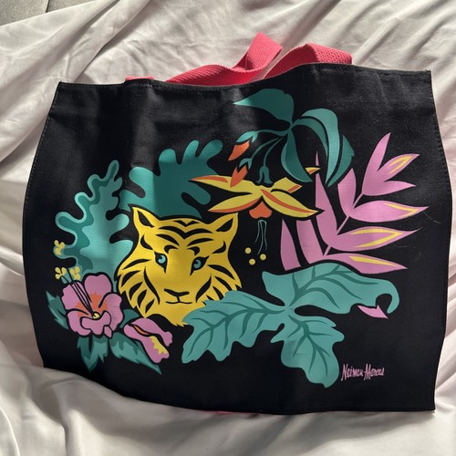 VTG 80s 90s Neiman Marcus Color Block Shopping Canvas Tote Bag Tiger In Jungle - Picture 2 of 10