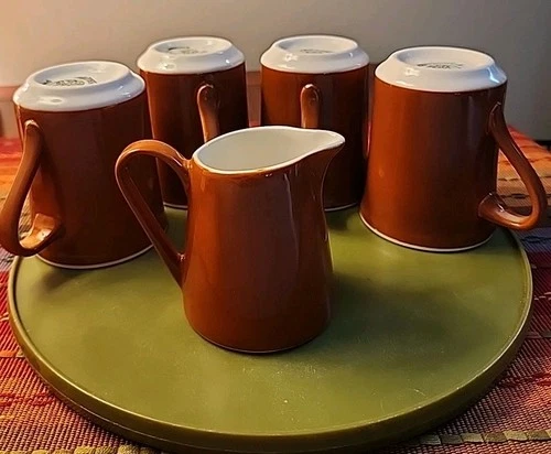 Syracuse China Burnt Orange Coffee Mugs Set Of 4 With A Creamer HTF 1970s Diner