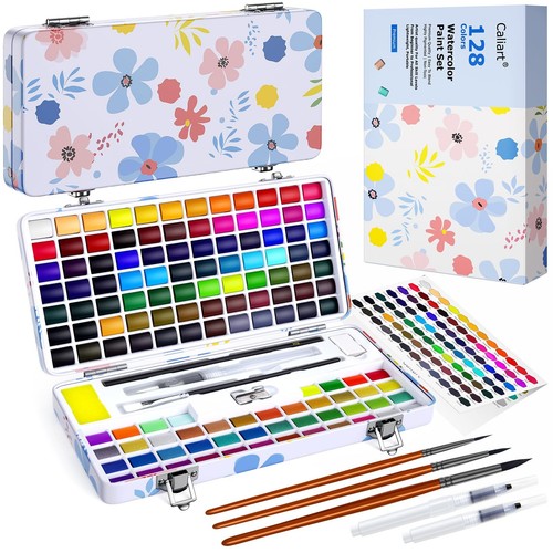 128 Colors Washable Watercolor Paint Set with 4 Brushes, Portable Travel Wate...