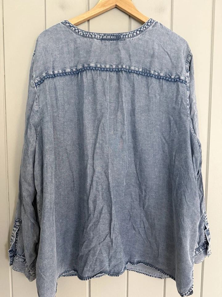 Top túnica de mezclilla J. Jill 4x mangas con lengüeta enrollable azul cuello en V botón cambray tencel Foto 4 de 4