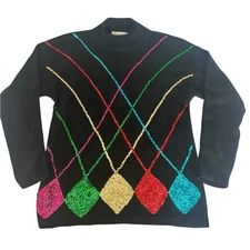 Bob Mackie Vintage Festive Sequins Holiday Sweater L Silk Lambswool Blend Party