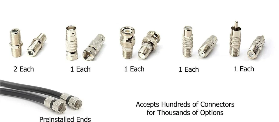 40' RG6 Black & 6 Universal Coaxial Cable Connector Ends | F81 RCA BNC Adapters - Image 2 of 4