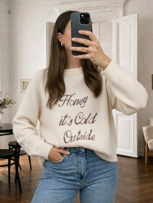 Honey Its Cold Outside Pullover Weiß Glitzer Strasssteine Gr. S H&M