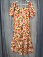 Garnet Hill Linen Puff Sleeve Floral Midi Dress Boho Size Medium