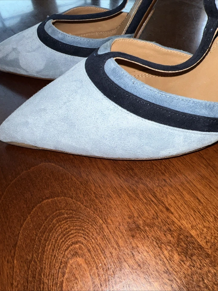 Ralph Lauren 40B T-Strap Gamuza Stiletto Azul Punta Alta Tacones Italia 9-9.5 Foto 3 de 4