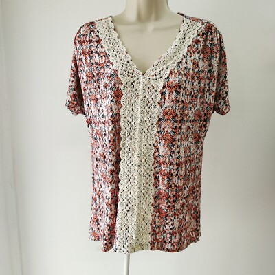 OSO Casuals Top Blouse Womens Medium Orange Blue White Short Sleeve V Neck