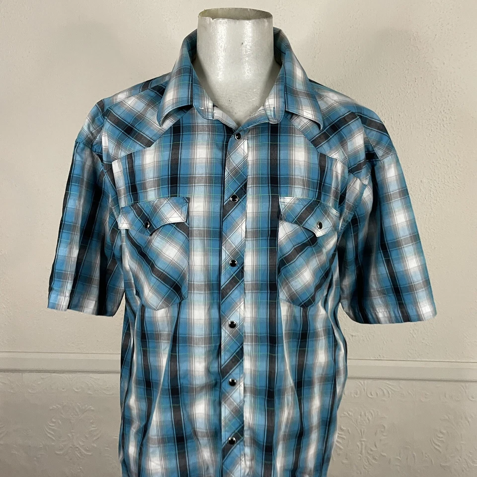 Gioberti Shirt Mens 3XL Teal Black Plaid Short Sleeve Pearl Snap Collared - Image 3 of 4
