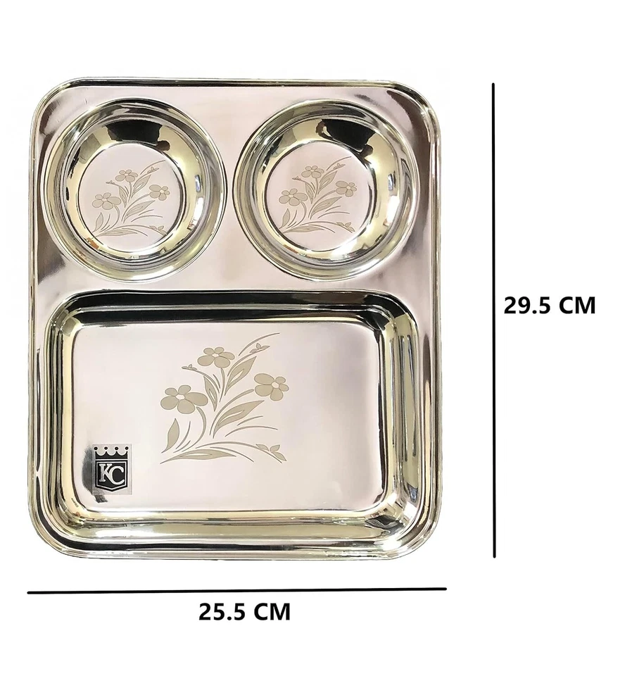 Plato de partición de acero inoxidable 3 en 1 | Bhojan Thali | Juego de 6 platos de cena Foto 2 de 4