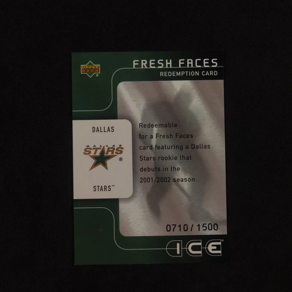 2001-02 Upper Deck Ice Fresh Faces Redemption Card /1500 Dallas Stars #52 - Image 2 of 3