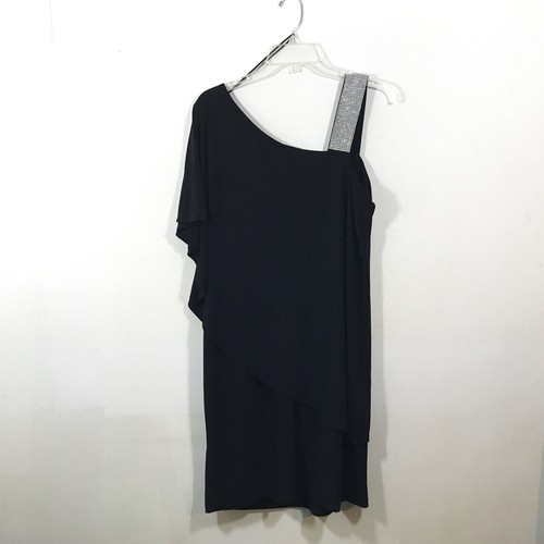 R&M Richards Sz 14 One Shoulder Cocktail Dress Black Rhinestone Embellished - Picture 10 of 12