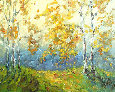 Birken Original Ölgemälde Landschaft Wandbild Leinwand Tafel 8x10 cm