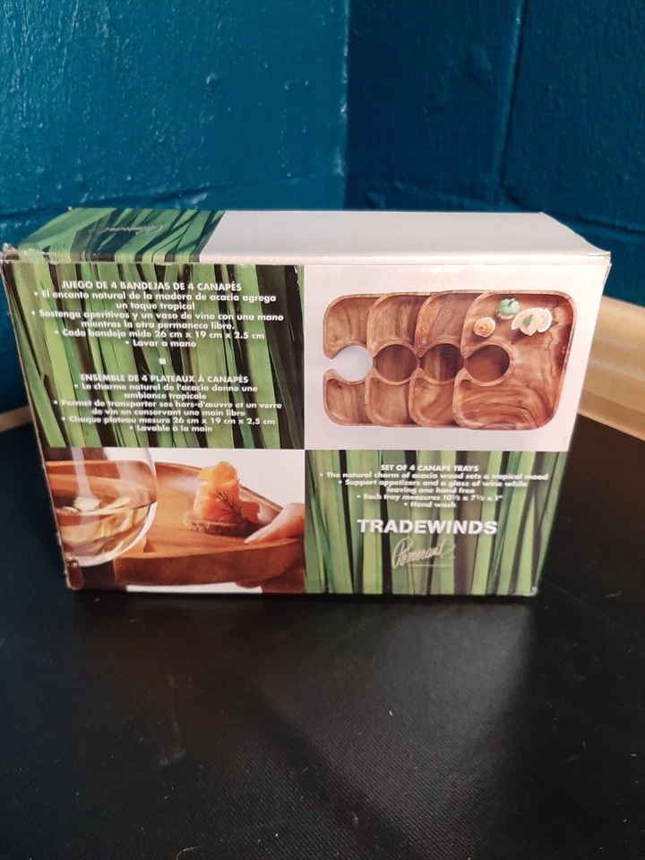 Bistro Butler Set of 4 Canape Trays Tradewinds, Acacia Wood, 10-1/2 X 7-1/2 X 1” Foto 2 de 3
