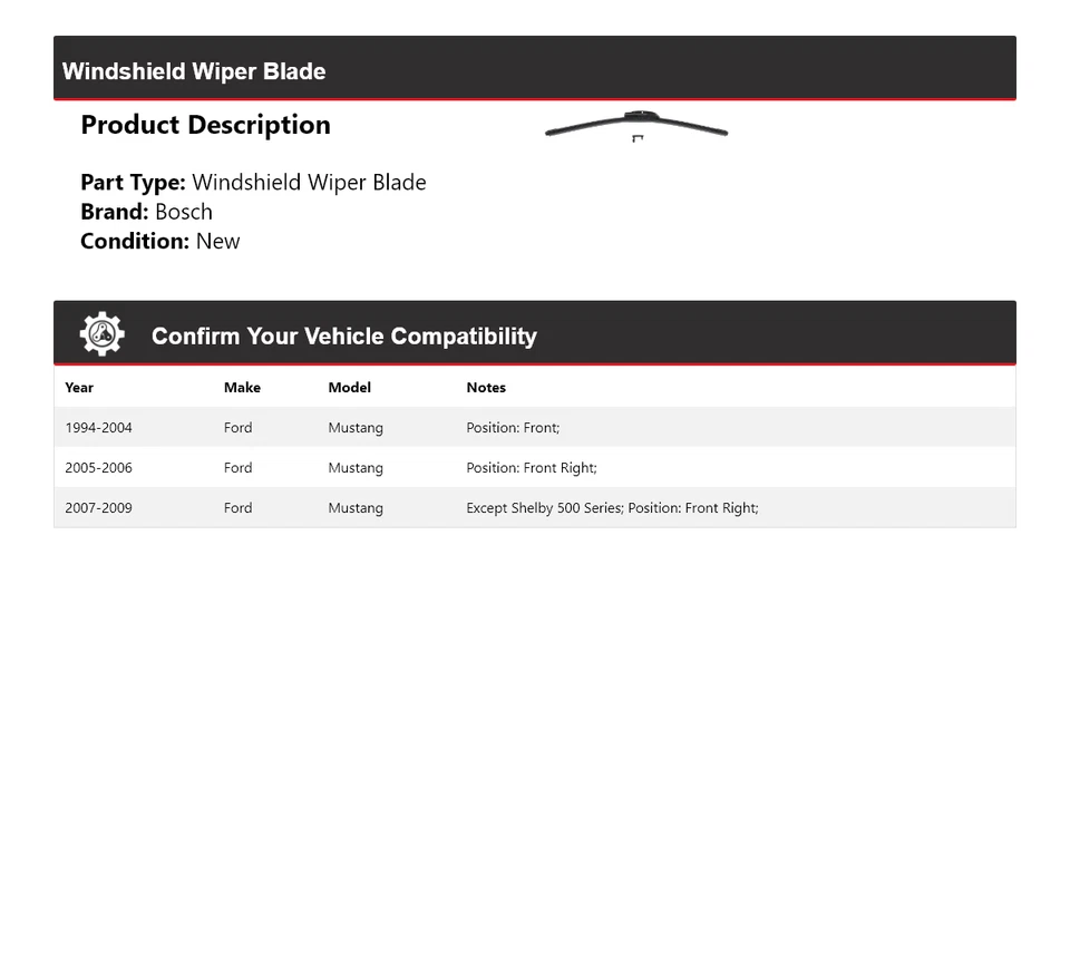 Limpiaparabrisas Evolution 1995 1996 1997 para Ford Mustang Bosch 1994-2009 Foto 2 de 4