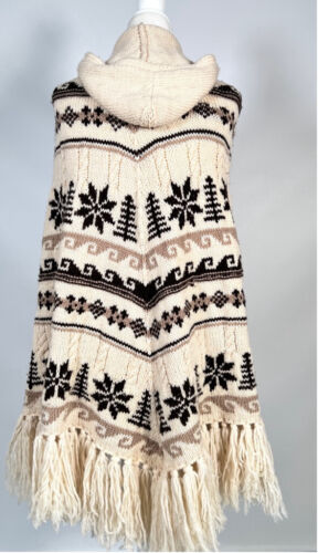 J.Crew Womans Poncho Wool Retro Vintage One Size Off-White Tan Brown Hood - Picture 11 of 12
