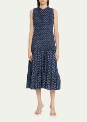 VERONICA BEARD Floral Print Smocked Shirred Cotton Fit Flare Midi Maxi Dress  6 S | eBay