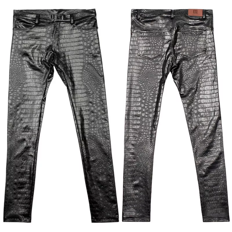 Men Alligator Pattern Texture Faux Leather Pants Leggings Trousers