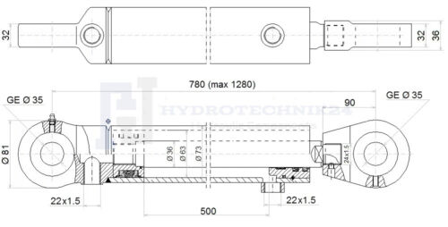 Hydraulikzylinder Doppelwirkend DW Zylinder 63/36 500 Hub mit Gelenkaugen 35mm - Bild 2 von 3