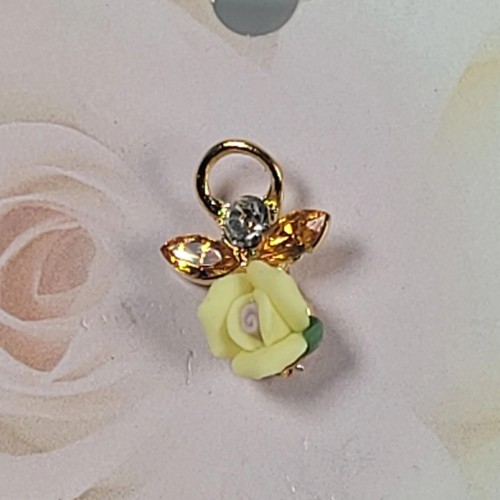 Rose Of Freindship Angel Pin Yellow Flower Rhinestone Gold Tone USA Lapel Pin - 第 1/9 張圖片