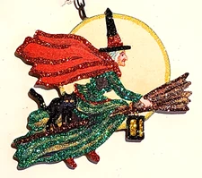 FLYING WITCH w YELLOW LANTERN, FULL MOON * Glitter HALLOWEEN ORNAMENT  Vtg Img
