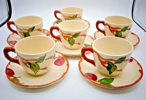 Vintage FRANCISCAN  APPLE Earthenware Set of 6 Cups, Plates USA Hand Pained 1940