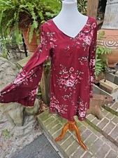 Lulu's Long Sleeve MINI DRESS Floral Print FLOUNCY BELL SLEEVES Boho Burgundy SM
