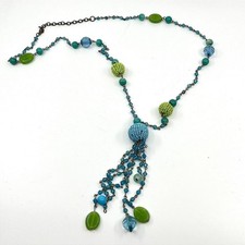 Vintage Y2K Blue & Green Beaded Tassel Necklace Boho Chic Long Lariat Style Bib