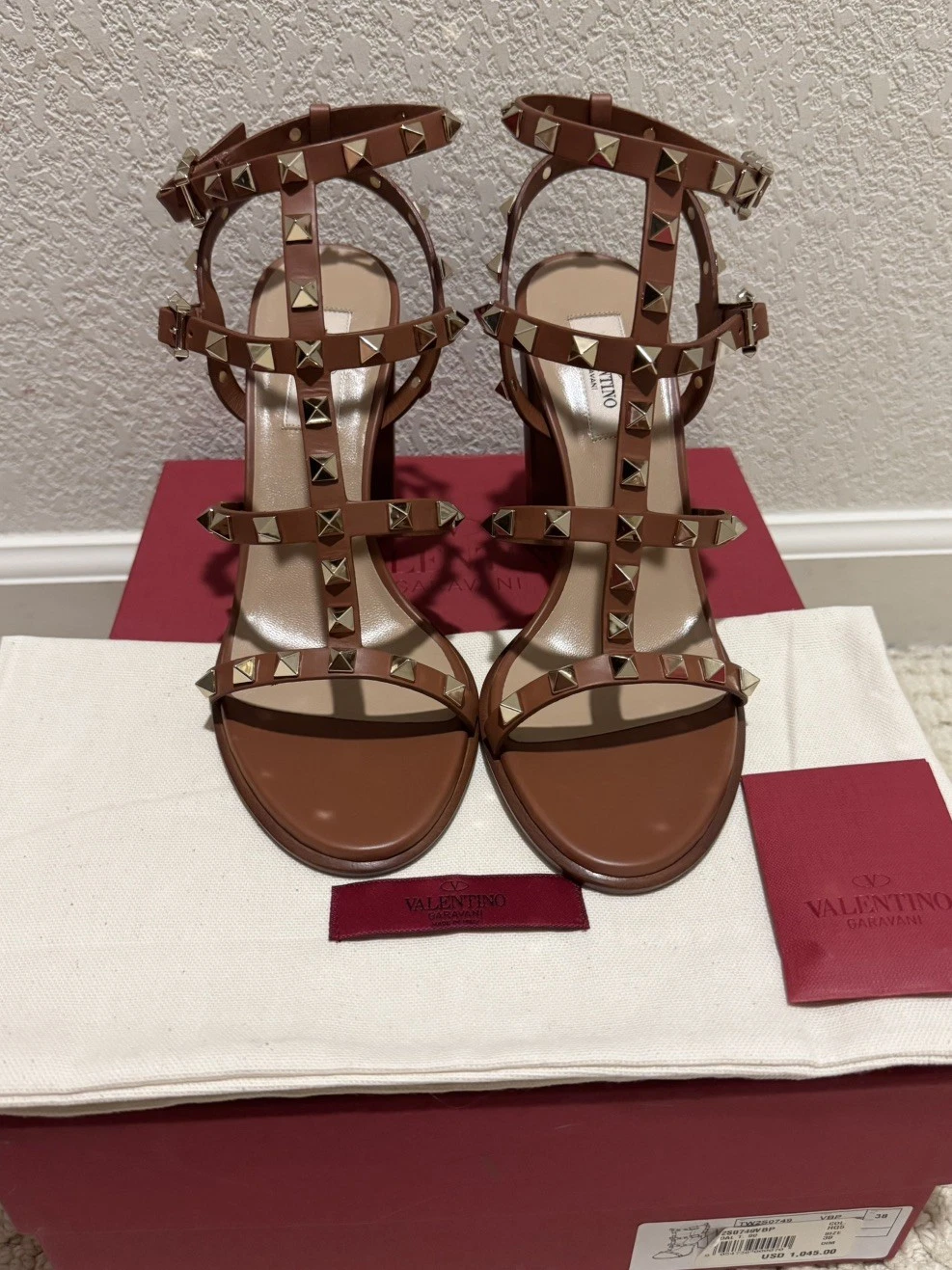 Valentino — NEW Valentino Rockstud Metallic Calfskin Leather Ankle Strap Sandal  Brown 38