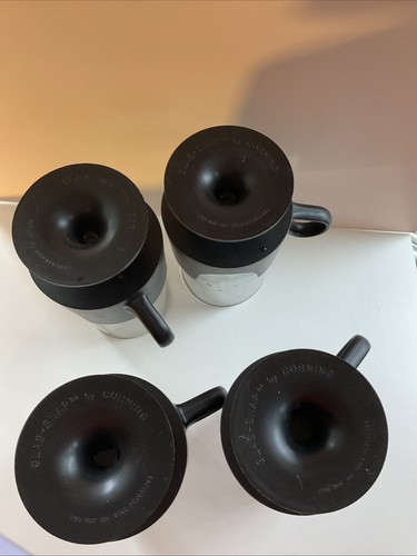 4 Vintage Black Plastic Holder Cup Glasses Glas-Snap by Corning Mugs Hot Cold - Picture 5 of 7