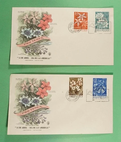DR WHO 1961 ARGENTINA 2 FDC FLOWER PRO TEMEX CACHET COMBO OVPT R22796