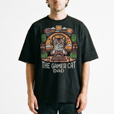 The Gamer Cat Dad T-Shirt Funny Retro PC Setup Video Game Kitten Nerd Tee