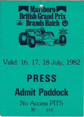 1982 BRITISH GP BRANDS HATCH F1 PRESS ADMIT PADDOCK ONLY TICKET PASS NIKI LAUDA - Image 1 of 2