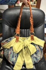 Anthropologie Deux Lux Floral Linen Leather Handbag Hobo Purse Tote Bow $98 B25