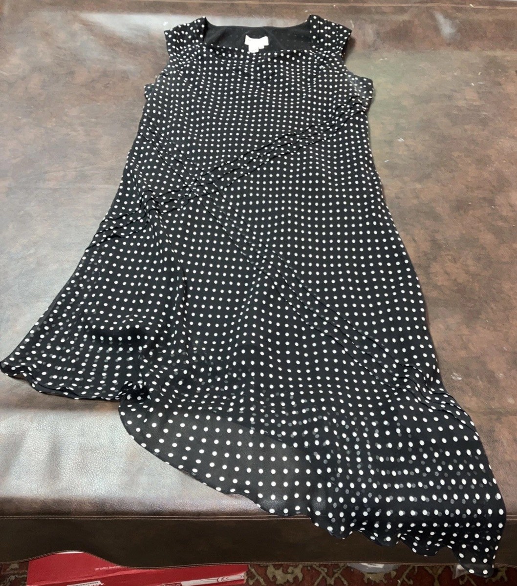 Adrianna Papell 100% Silk Lining Y2K 20W White Polka Dot Black Dress